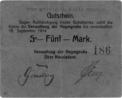Hoymgrube /okolice Rybnika/, 5 marek 15.09.1914, Meyer -, Keller -, bardzo rzadkie.
