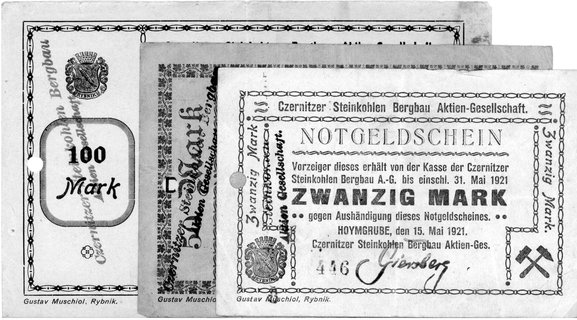 Hoymgrube /okolice Rybnika/, 20,50 i 100 marek 15.05.1921, wydane przez Czernitzer Steinkohler Bergbau AG, Geiger 01, 02, 03, razem 3 sztuki.