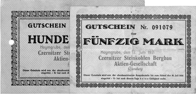 Hoymgrube /okolice Rybnika/, 50 i 100 marek 12.06.1921, wydane przez Czernitzer Steinkohler Bergbau AG, Geiger 06 i 07, razem 2 sztuki.