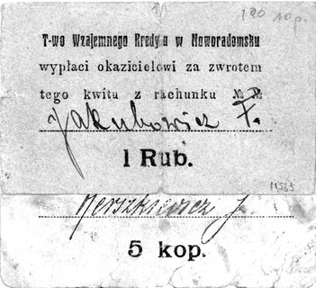 Noworadomsk, kwity na 5 kopiejek i 1 rubel bez daty, wydany przez Tow. Wzajemnego Kredytu w Noworadomsku, Jabł. 1457, 1460, razem 2 sztuki.