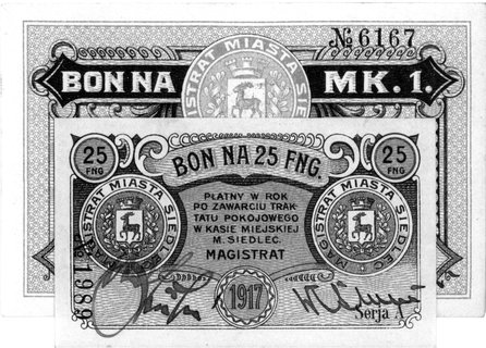 Siedlce, bony na 25 fenigów i 1 markę z 1917 roku wydane przez Magistrat, Jabł. 1574, 1576, razem 2 sztuki.