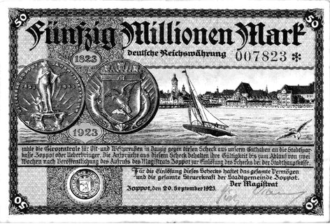 Sopot, 50.000.000 marek 20.09.1923, wydane przez Magistrat.