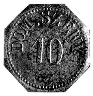 ośmiokątna moneta zastępcza dominium Szewy, nominał 10, brąz, 25 mm.