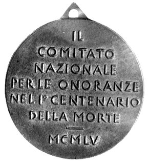 Włochy- medal wybity z okazji 100 rocznicy śmierci Mickiewicza, Aw: Popiersie trzy czwarte w lewo i napis: ADAMO MICKIEWICZ- MDCCXCVIII-MDCCCLV, Rw: Poziomy napis: COMITATO NAZIONALE PER LE ONORANZE NELI CENTENARIO DELLA MORTE MCMLV, brąz 30 mm.