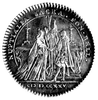 Maria Leszczyńska i Ludwik XV- medal zaślubinowy 1725 r., Aw: Popiersia małżonków zwrócone do siebie i napis: LVD XV D.G. FR. NAV. REX MARIA STANIS.REG.FIL., Rw: Scena zaślubin w kościele i napis: NVPTIALIA SACRA FON BELL., w odcinku data MDCCXXV, H-Cz.2741 R, srebro 25 mm, 7.40 g.