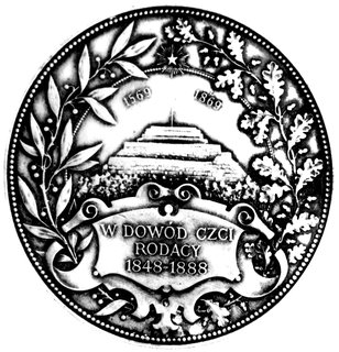 medal autorstwa A. Scharffa poświęcony Franciszkowi Smolce inicjatorowi budowy kopca we Lwowie upamiętniającego Unię Polsko-Litewską 1888 r., Aw: Popiersie trzy czwarte w lewo i napis: FRANCISZEK SMOLKA, sygn.A. SCHARFF, Rw: W wieńcu laurowo-dębowym kopiec, daty 1569-1869, u dołu napis: W DOWÓD CZCI RODACY 1848-1888, H-Cz.8131 srebro 64 mm, 104.77 g.