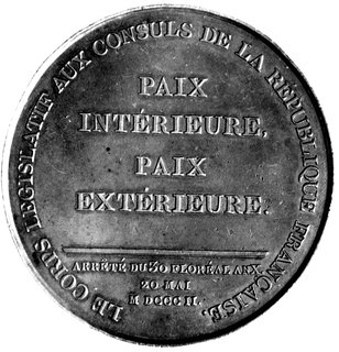 medal z okazji przedłużenia traktatu z Amiens w 1802 r., Aw: Popiersia trzech konsuli: Bonapartego, Cambaceres' a i Lebruna w prawo i napis w otoku, sygn. JEFFROY, Rw: Napisy poziome: PAIX INTERIEURE, PAIX EXTERIEURE