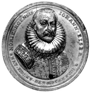 Norymberga- Johann Eiser, medal autorstwa P.P. Wernera 1739 r., Aw: Popiersie na wprost w szerokim kołnierzu, na ramieniu sygn.P.P.W., w otoku napis IOHANN EISER NORIBERGENSIS, daty 1565-1638, Rw: Dwaj mężczyźni przy fontannie z herbem Eisera i napis: LARGIVS VT SPARGAT RIVOS VIM COGIT AQVARVM, w odcinku data 1739, Imh.II.734.11 cyna 44 mm, 22.90 g.
