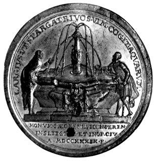 Norymberga- Johann Eiser, medal autorstwa P.P. Wernera 1739 r., Aw: Popiersie na wprost w szerokim kołnierzu, na ramieniu sygn.P.P.W., w otoku napis IOHANN EISER NORIBERGENSIS, daty 1565-1638, Rw: Dwaj mężczyźni przy fontannie z herbem Eisera i napis: LARGIVS VT SPARGAT RIVOS VIM COGIT AQVARVM, w odcinku data 1739, Imh.II.734.11 cyna 44 mm, 22.90 g.