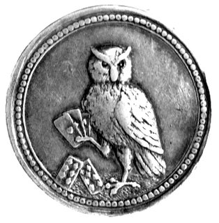 medal karciany XVIII w., Aw: Sowa z kartami w szponach, Rw: Napis poziomy: VERSEHEN IST VERSPIELT, srebro 26 mm 5.68 g.