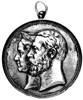 medal pamiątkowy Akwizgranu (Aachen) 1883 r., Aw: Popiersie Wilhelma I Pruskiego z małżonką w lewo, Rw: Widok mias- ta i napis u góry: CIVITAS AURELIA AQUENSIS