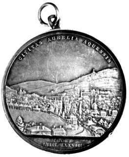 medal pamiątkowy Akwizgranu (Aachen) 1883 r., Aw: Popiersie Wilhelma I Pruskiego z małżonką w lewo, Rw: Widok mias- ta i napis u góry: CIVITAS AURELIA AQUENSIS