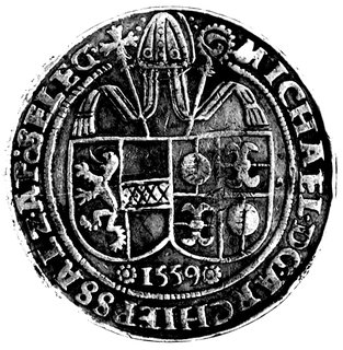 guldiner 1559, Aw: Tarcze herbowe, w otoku napis, Rw: Św. Rudbert z mitrą, w otoku napis, Probszt 423, Dav. 8170, na rewersie w literce O małe wgłębienie, rzadki.