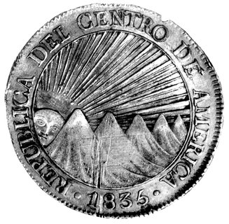 8 reali 1835 NG /znak mennicy Gwatemali/, Aw: Pięć szczytów górskich, za nimi wschodzące słońce i napis w otoku, Rw: Drzewo, w otoku napis, w polu literki 8 - E, /literka E jest przerobiona na monecie literki 8-R sugerują wartość jako złotej monety - 8 escudo, całość nosi ślady starego złocenia ogniowego, ciekawe fałszerstwo z epoki.