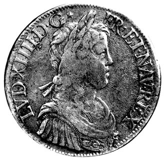 Ludwik XIV 1643 - 1715, ecu 1652, Paryż, Aw: Popiersie, Rw: Tarcza herbowa, Gad. 202, Dav. 3799.