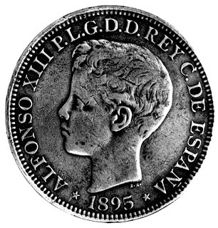 1 peso = 5 peset 1895, Aw: Głowa Alfonsa XIII, Rw: Herb, duża rzadkość.