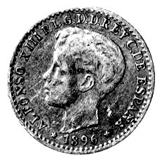 10 centavos 1896, Aw: Głowa Alfonsa XIII, Rw: Herb, rzadkie.