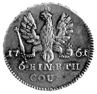 1/6 talara 1761, Schrötter 1858, Uzdenikow 4891, bardzo rzadka moneta wybita na potrzeby okupowanych przez Rosję Prus Wschodnich.