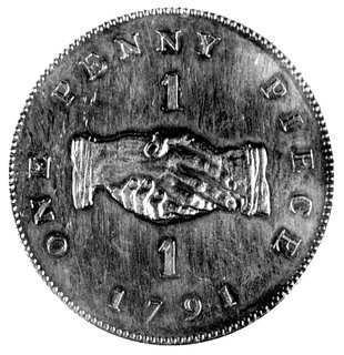 1 cent 1791, Aw: Lew, Rw: Dwie dłonie w uścisku, bardzo rzadka i wyśmienicie zachowana moneta, brąz, 19,30g.