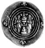 Sasanidzi- Khusro II 590- 628, drachma, Aw: Popiersie w koronie i napisy, Rw: Ołtarz ognia, Göbl 2..