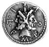 denar- M. Furius L. f. Philus 119 pne, Aw: Głowa Janusa i napis wokół: FOVRI L F, Rw: Stojąca Roma..