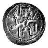denar 1157-1166, Aw: Rycerz z tarczą i chorągwią w rękach, w polu X, Rw: Dwaj książęta za stołem t..