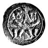 denar 1157-1166, Aw: Rycerz z tarczą i chorągwią w rękach, w polu X, Rw: Dwaj książęta za stołem t..