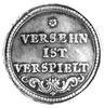 medal karciany XVIII w., Aw: Sowa z kartami w szponach, Rw: Napis poziomy: VERSEHEN IST VERSPIELT,..