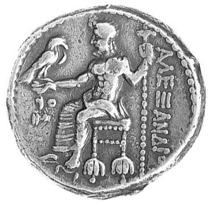 Królestwo Macedonii- Aleksander Wielki 336- 323 pne, tetradrachma, Aw: Popiersie Heraklesa w skórze lwa w prawo Rw: Zeus z orłem w dłoni i berłem