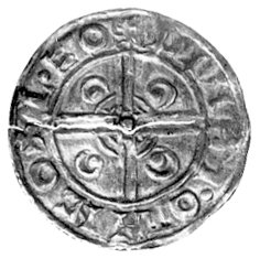 Knut 1016- 1035, denar, Aw: Popiersie w hełmie w lewo i napis: CNVT ANG, Rw: Krótki krzyż dwunitkowy