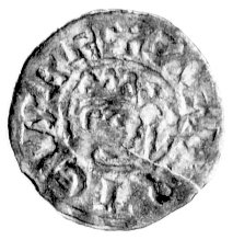 Fryzja- Bruno III 1038- 1057 , denar- mennica Staveren, Aw: Głowa w koronie w prawo i napis: HEIN..RE.., Rw: Napis poziomy BRVN (wstecznie) i napis w otoku, Kluge 297, Dbg. 499, 0.57 g.