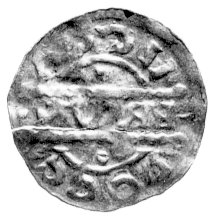 Fryzja- Bruno III 1038- 1057 , denar- mennica Staveren, Aw: Głowa w koronie w prawo i napis: HEIN..RE.., Rw: Napis poziomy BRVN (wstecznie) i napis w otoku, Kluge 297, Dbg. 499, 0.57 g.