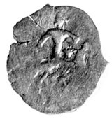 denar, Aw: Jeździec z podniesionym mieczem w prawo, Rw: Herb Kolumny, w środku litera O (B), Kiersnowski, typ III, 0.35 g.