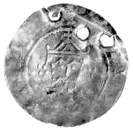 Henryk III 1039-1056, denar, Aw: Popiersie cesarza w koronie na wprost i nieczytelny, Rw: Dwuwieżowa budowla