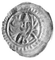 Mieszko III Stary 1181- 1202, brakteat hebrajski: Książe z palmą na wprost i napis hebrajski: galach (książe), Gum. 215, 0.15 g.