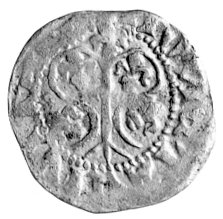 Visby, fenig (örtug) około 1380- 1390, Aw: Liściasty motyw i napis: MONETA.., Rw: Lew w prawo, za nim krzyż i napis: VICIB..