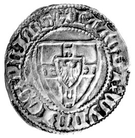 Winrich von Kniprode 1351- 1382, szeląg, Aw: Tarcza Wielkiego Mistrza, Rw: Tarcza Krzyżacka, Bahrfeldt 150, Neumann 4