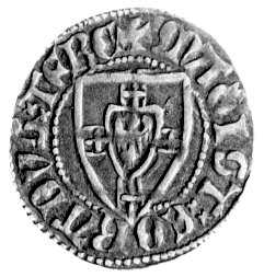 Konrad III von Jungingen 1393- 1407, szeląg, Aw: Tarcza Wielkiego Mistrza, Rw: Tarcza Krzyżacka, powyżej litera M Bahrfeldt 246, Neumann 7b