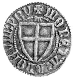 Konrad III von Jungingen 1393- 1407, szeląg, Aw: Tarcza Wielkiego Mistrza, Rw: Tarcza Krzyżacka, powyżej litera M Bahrfeldt 246, Neumann 7b