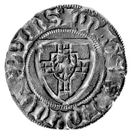 Henryk von Plauen 1410- 1413, szeląg, Aw: Tarcza Wielkiego Mistrza, Rw: Tarcza Krzyżacka, Bahrfeldt 359, Neumann 12.a