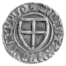 Henryk von Plauen 1410- 1413, szeląg, Aw: Tarcza Wielkiego Mistrza, Rw: Tarcza Krzyżacka, Bahrfeldt 359, Neumann 12.a
