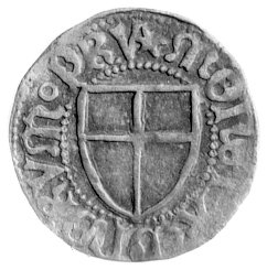 Henryk Reuss von Plauen 1467- 1480, szeląg, Aw: Tarcza Wielkiego Mistrza, Rw: Tarcza Krzyżacka, Bahrfeldt 791, Neumann 27