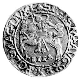 trojak 1565, Wilno, Kurp. 845 R3, Gum. 623, T.15, moneta z cytatem z psalmu zwana trojakiem szyderczym.