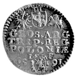 trojak 1591, Olkusz, odmiana z herbem Lewart w ozdobnej tarczy, Kurp. 593 R, Wal. XII 6 R, rzadka moneta w bardzo dobrym stanie zachowania.