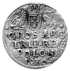trojak 1603, Kraków, cyfra 3 przerobiona na stemplu z 2, Kurp. 1336 R3, Wal. XCII 7, rzadka, ładnie zachowana moneta.