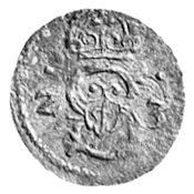 denar 1623, Łobżenica, Kurp. 1859 R3, H-Cz. 1467 R2, rzadka moneta.