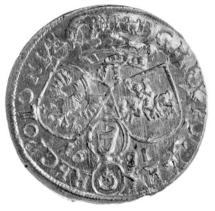 szóstak 1681, Kraków, na awersie omyłkowo RFX zamiast REX, na rewersie literka C pomiędzy tarczami herbowymi, Kurp. -, Gum. 2002, moneta podwójnie uderzona stemplem.