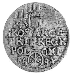 trojak 1684, Bydgoszcz, literki SP pod popiersiem króla, Kurp. 1172 R3, Gum. 1991, rzadka moneta.