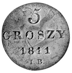 5 groszy 1811, Warszawa, Plage 96, przebite z monety 1/24 talara pruskiego, ładny stan zachowania.
