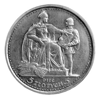 5 złotych 1925, Konstytucja, 100 perełek, Parchimowicz 113 a, wybito 1.000 sztuk, srebro, waga 25,10g.